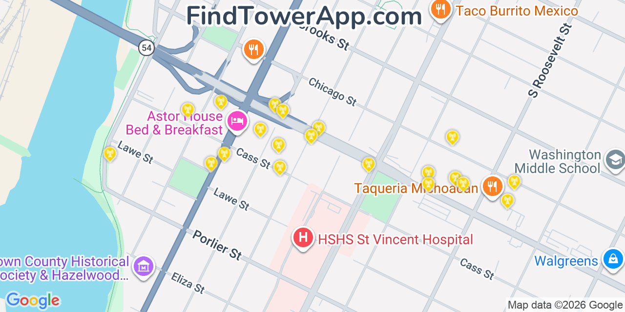 Map showing the 20 primary cell tower locations detected in Green Bay, Wisconsin from AT&T, Verizon, and T-Mobile networks