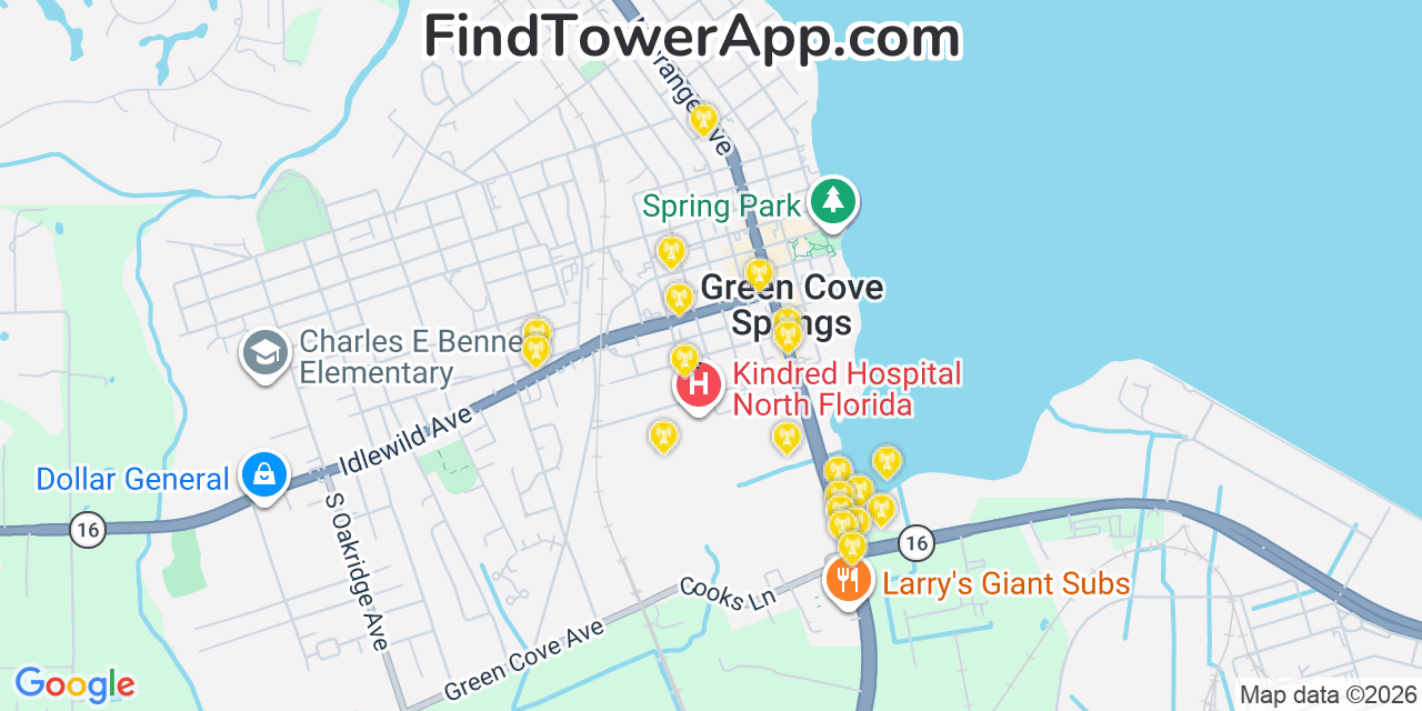 Map showing the 20 primary cell tower locations detected in Green Cove Springs, Florida from AT&T, Verizon, and T-Mobile networks