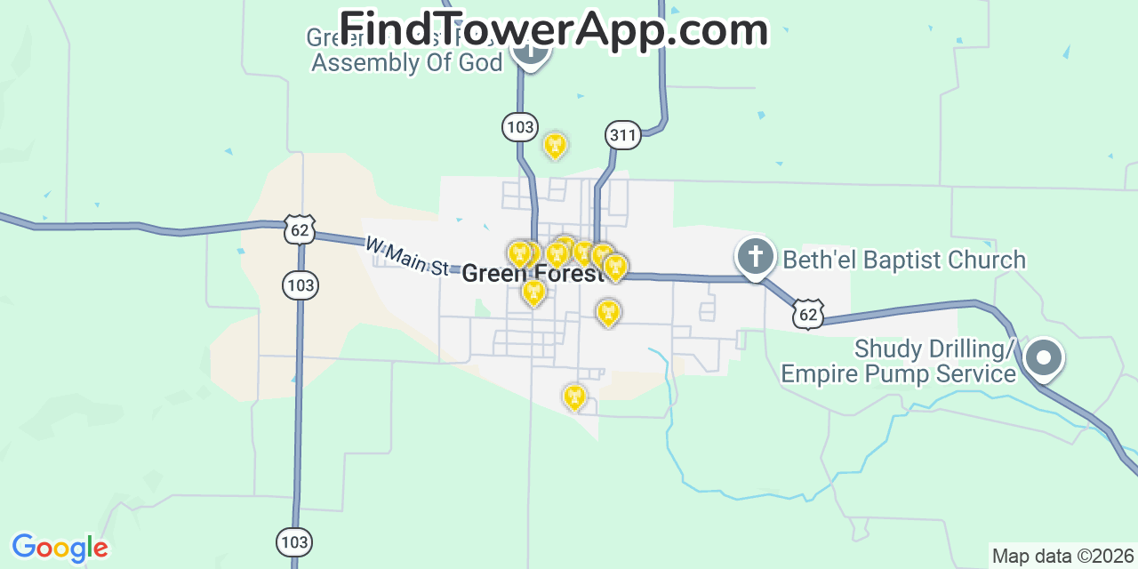 Map showing the 20 primary cell tower locations detected in Green Forest, Arkansas from AT&T, Verizon, and T-Mobile networks