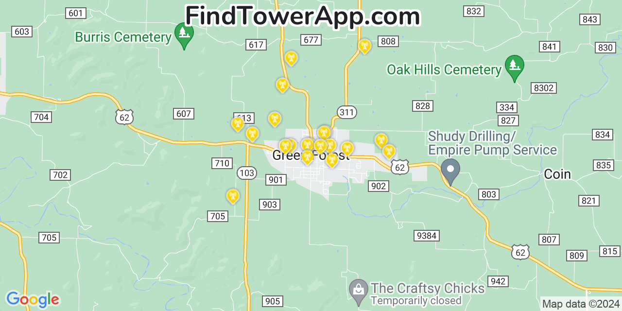 Verizon 4G/5G cell tower coverage map Green Forest, Arkansas