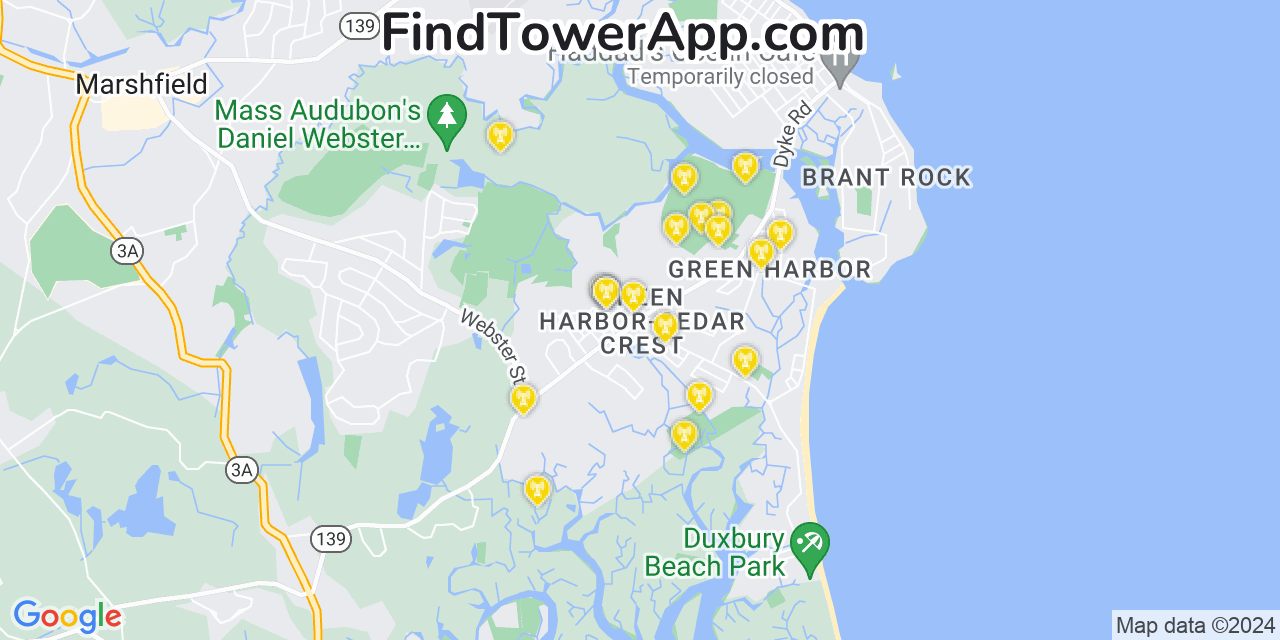 AT&T 4G/5G cell tower coverage map Green Harbor Cedar Crest, Massachusetts