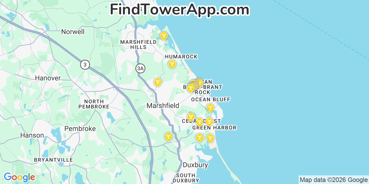 Map showing the 20 primary cell tower locations detected in Green Harbor Cedar Crest, Massachusetts from AT&T, Verizon, and T-Mobile networks