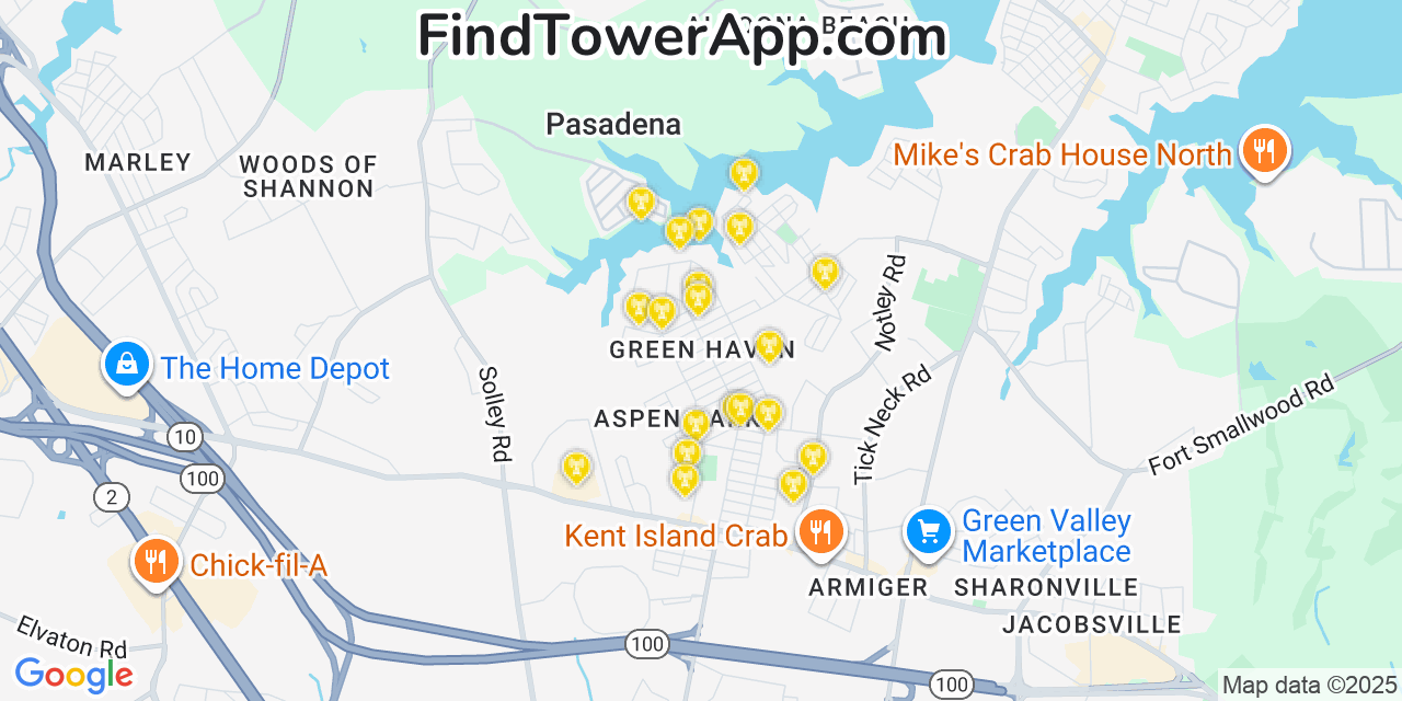 Map showing the 20 primary cell tower locations detected in Green Haven, Maryland from AT&T, Verizon, and T-Mobile networks