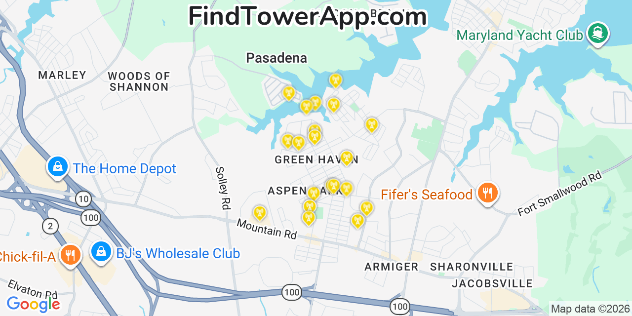 Map showing the 20 primary cell tower locations detected in Green Haven, Maryland from AT&T, Verizon, and T-Mobile networks