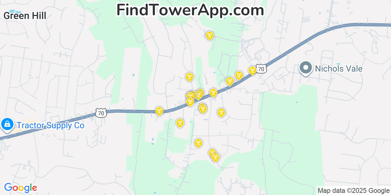 Map showing the 20 primary cell tower locations detected in Green Hill, Tennessee from AT&T, Verizon, and T-Mobile networks