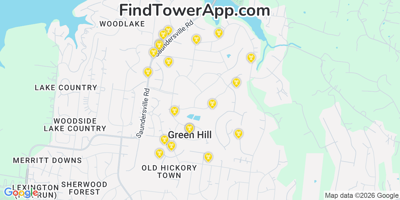 Map showing the 20 primary cell tower locations detected in Green Hill, Tennessee from AT&T, Verizon, and T-Mobile networks
