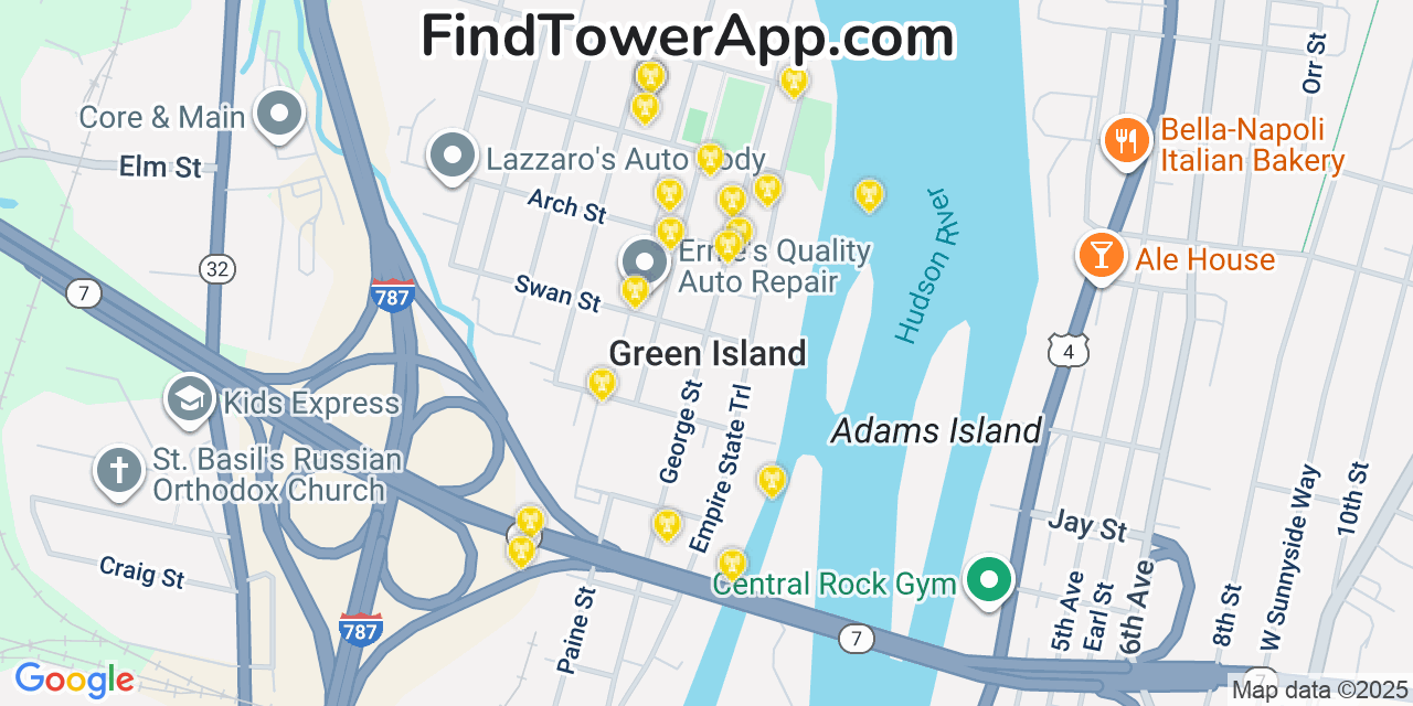 Map showing the 20 primary cell tower locations detected in Green Island, New York from AT&T, Verizon, and T-Mobile networks