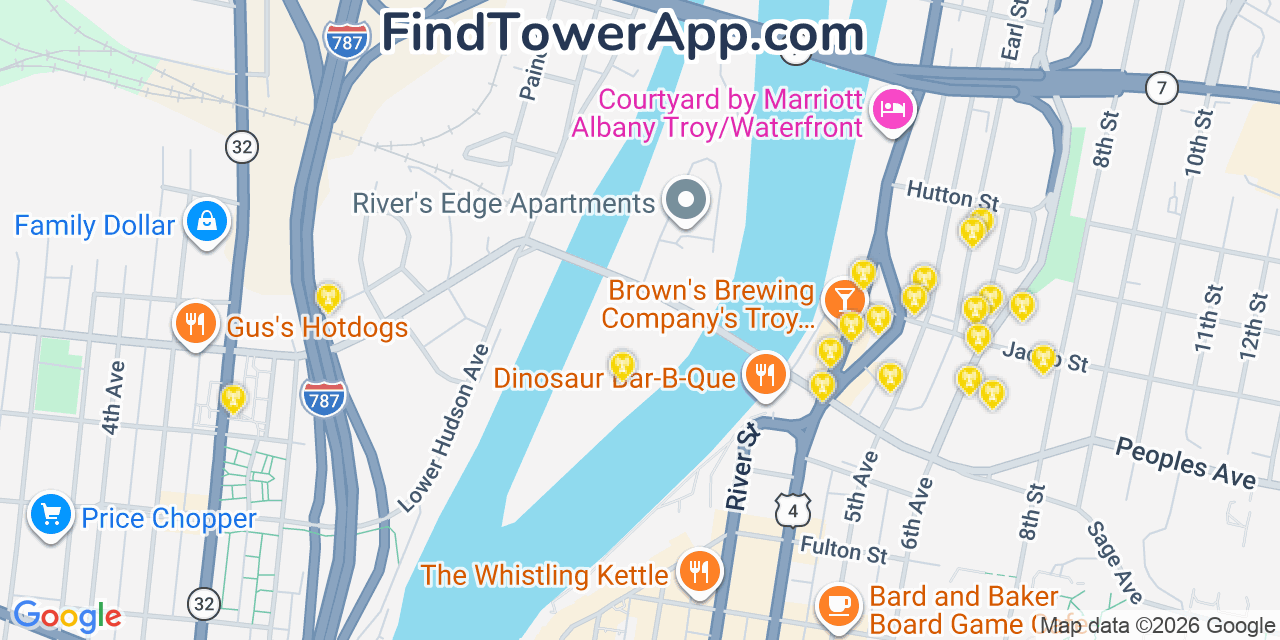 Map showing the 20 primary cell tower locations detected in Green Island, New York from AT&T, Verizon, and T-Mobile networks