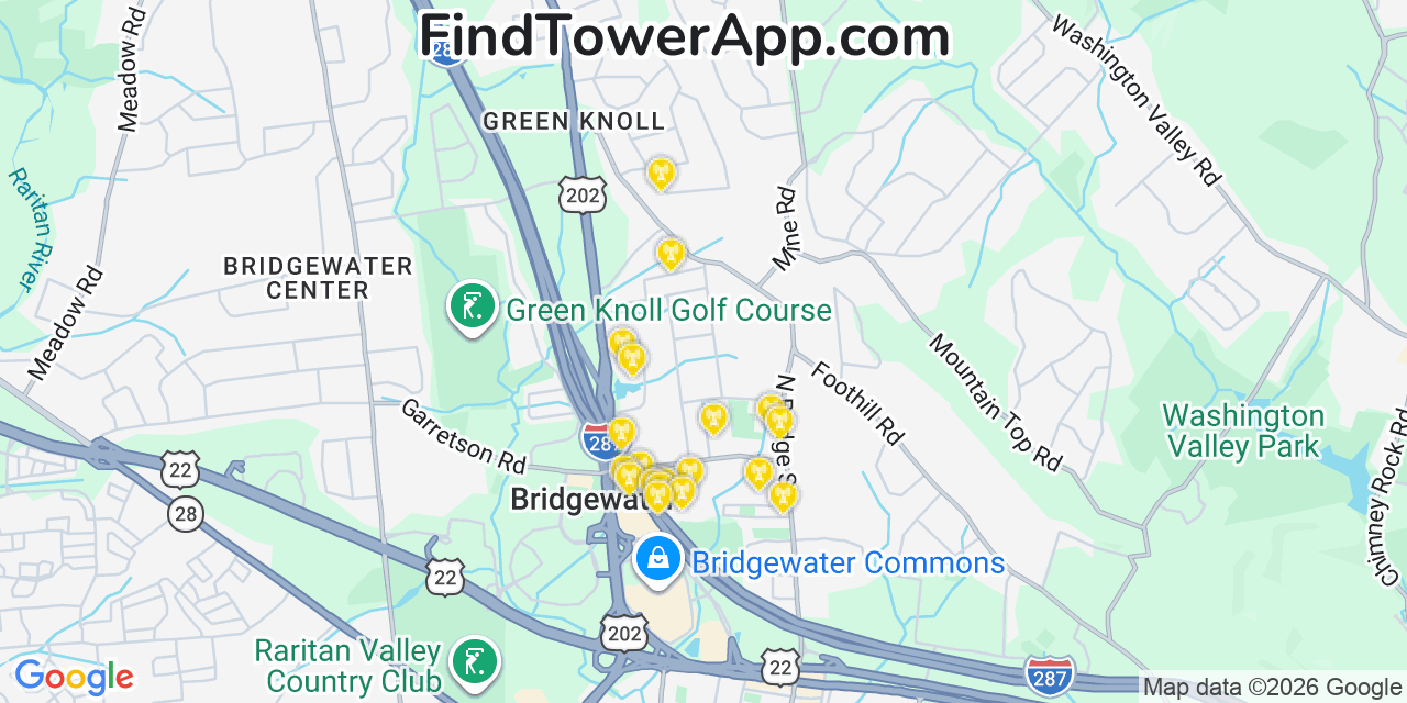 Map showing the 20 primary cell tower locations detected in Green Knoll, New Jersey from AT&T, Verizon, and T-Mobile networks