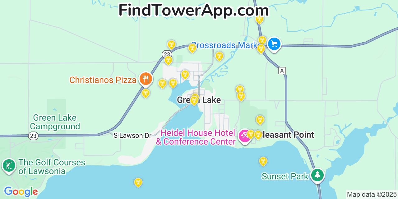 Map showing the 20 primary cell tower locations detected in Green Lake, Wisconsin from AT&T, Verizon, and T-Mobile networks
