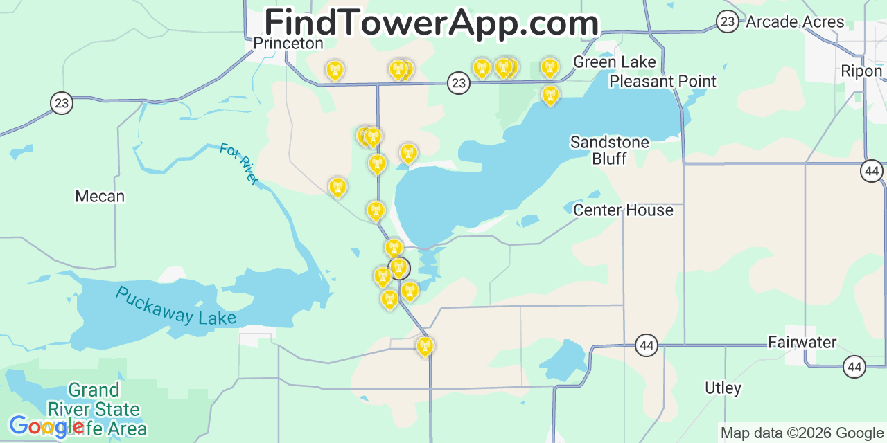 Map showing the 20 primary cell tower locations detected in Green Lake, Wisconsin from AT&T, Verizon, and T-Mobile networks