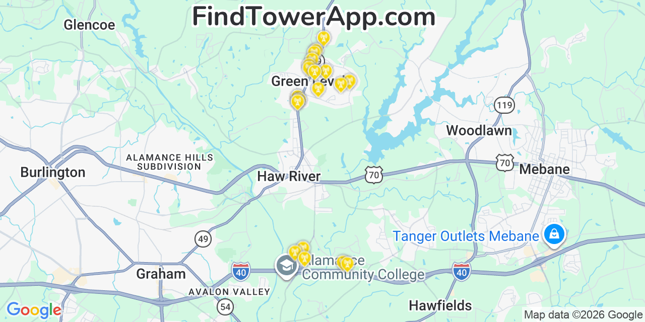 Map showing the 20 primary cell tower locations detected in Green Level, North Carolina from AT&T, Verizon, and T-Mobile networks