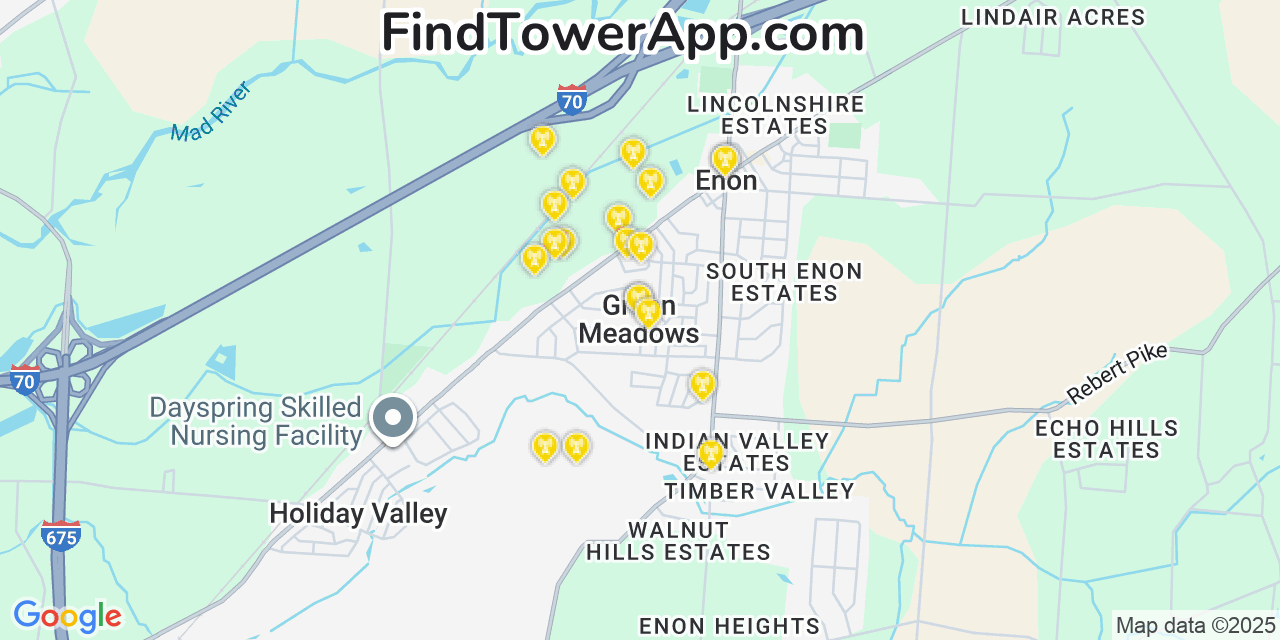 Map showing the 20 primary cell tower locations detected in Green Meadows, Ohio from AT&T, Verizon, and T-Mobile networks