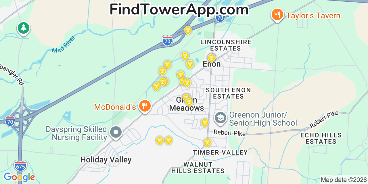 Map showing the 20 primary cell tower locations detected in Green Meadows, Ohio from AT&T, Verizon, and T-Mobile networks