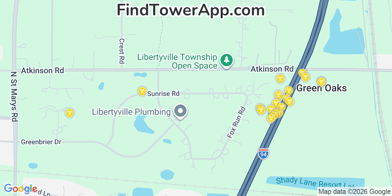 Map showing the 20 primary cell tower locations detected in Green Oaks, Illinois from AT&T, Verizon, and T-Mobile networks