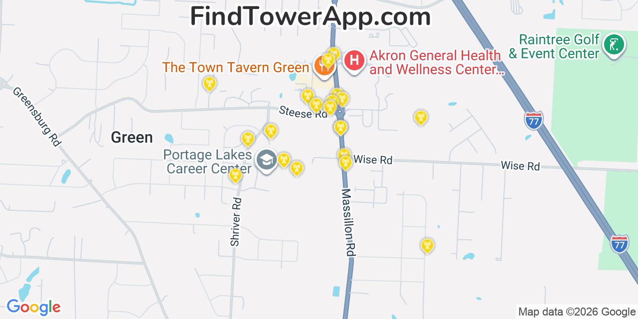 Map showing the 20 primary cell tower locations detected in Green, Ohio from AT&T, Verizon, and T-Mobile networks