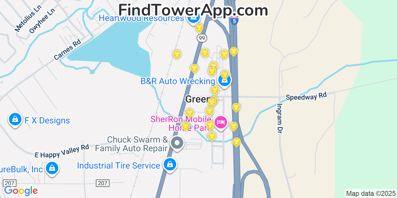 Map showing the 20 primary cell tower locations detected in Green, Oregon from AT&T, Verizon, and T-Mobile networks