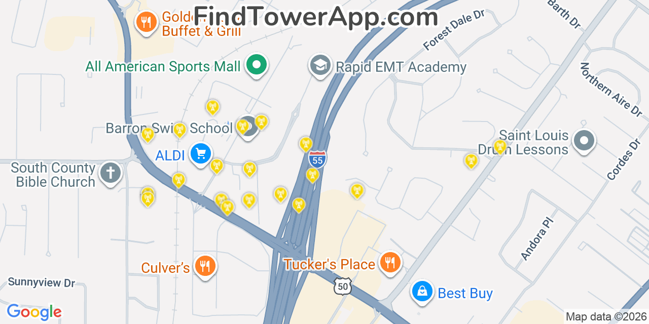 Map showing the 20 primary cell tower locations detected in Green Park, Missouri from AT&T, Verizon, and T-Mobile networks