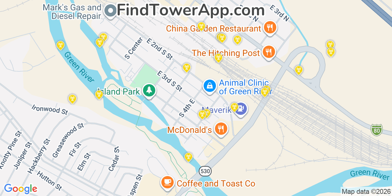 Map showing the 20 primary cell tower locations detected in Green River, Wyoming from AT&T, Verizon, and T-Mobile networks
