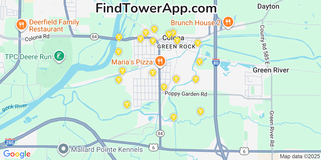 Map showing the 20 primary cell tower locations detected in Green Rock, Illinois from AT&T, Verizon, and T-Mobile networks