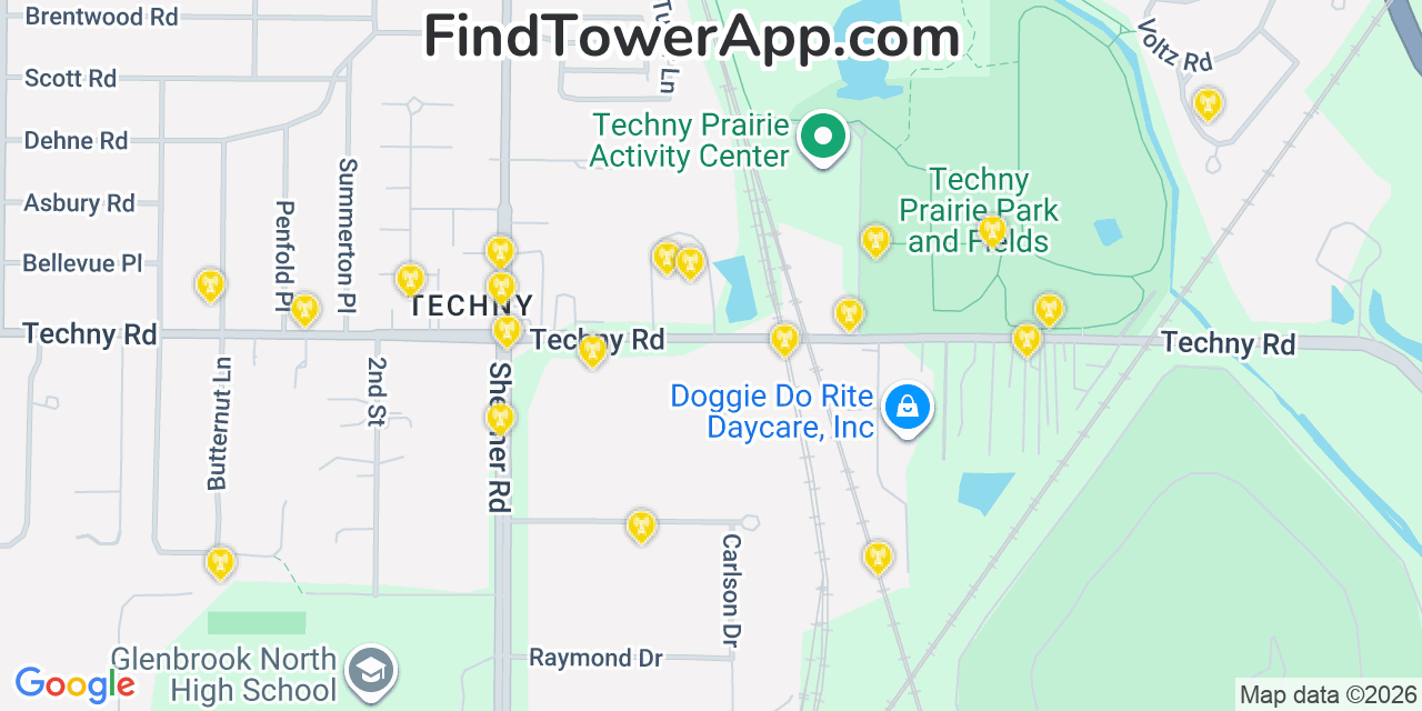 Map showing the 20 primary cell tower locations detected in Green Rock, Illinois from AT&T, Verizon, and T-Mobile networks
