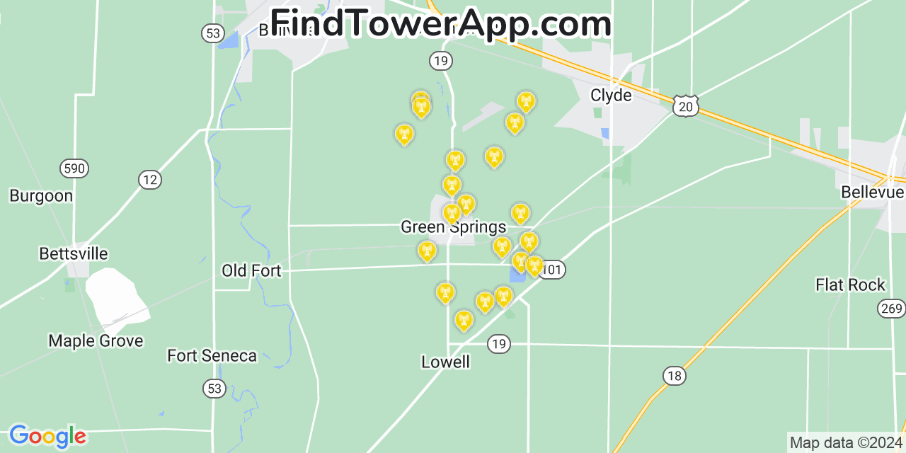 AT&T 4G/5G cell tower coverage map Green Springs, Ohio