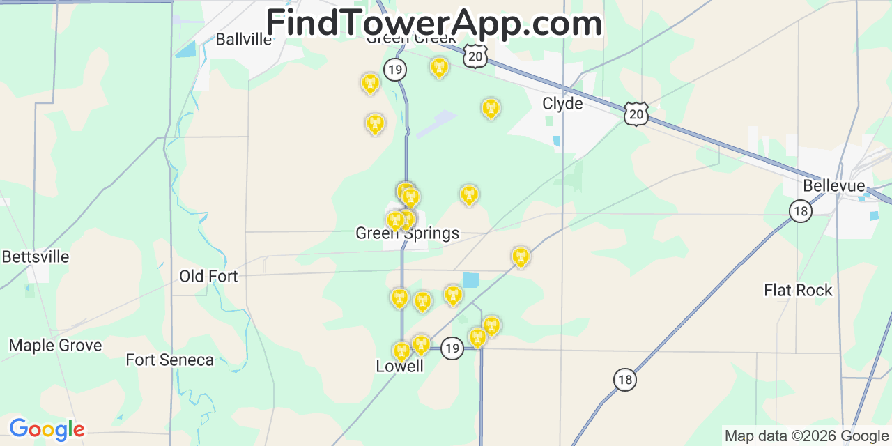 Map showing the 20 primary cell tower locations detected in Green Springs, Ohio from AT&T, Verizon, and T-Mobile networks