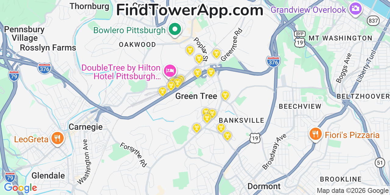 Map showing the 20 primary cell tower locations detected in Green Tree, Pennsylvania from AT&T, Verizon, and T-Mobile networks