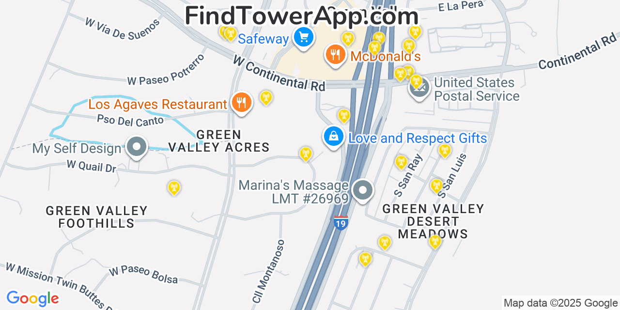 Map showing the 20 primary cell tower locations detected in Green Valley, Arizona from AT&T, Verizon, and T-Mobile networks