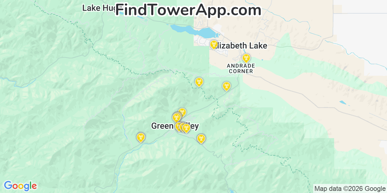 Map showing the 20 primary cell tower locations detected in Green Valley, California from AT&T, Verizon, and T-Mobile networks