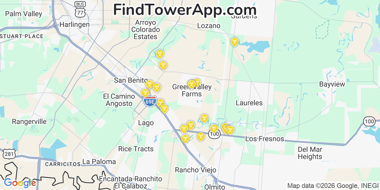 Map showing the 20 primary cell tower locations detected in Green Valley Farms, Texas from AT&T, Verizon, and T-Mobile networks