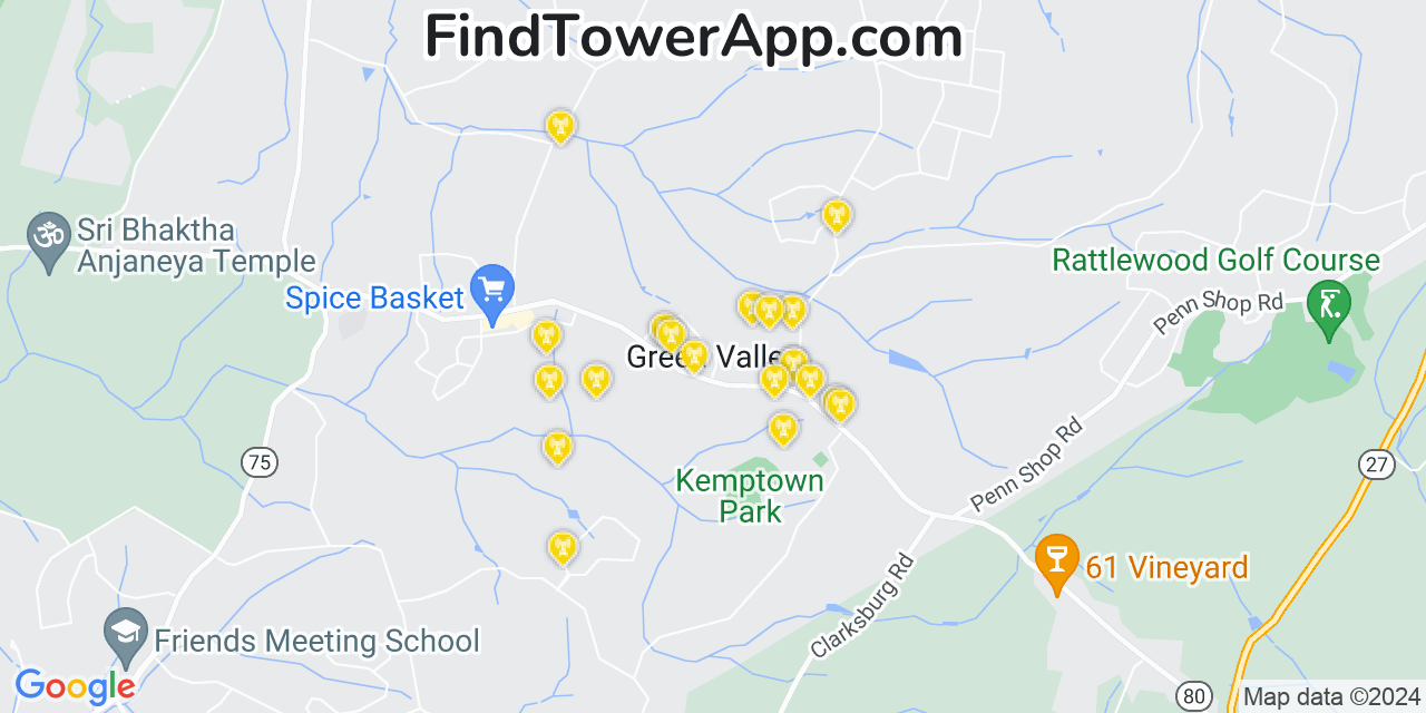 AT&T 4G/5G cell tower coverage map Green Valley, Maryland