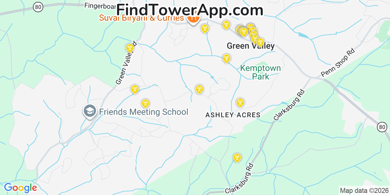 Map showing the 20 primary cell tower locations detected in Green Valley, Maryland from AT&T, Verizon, and T-Mobile networks