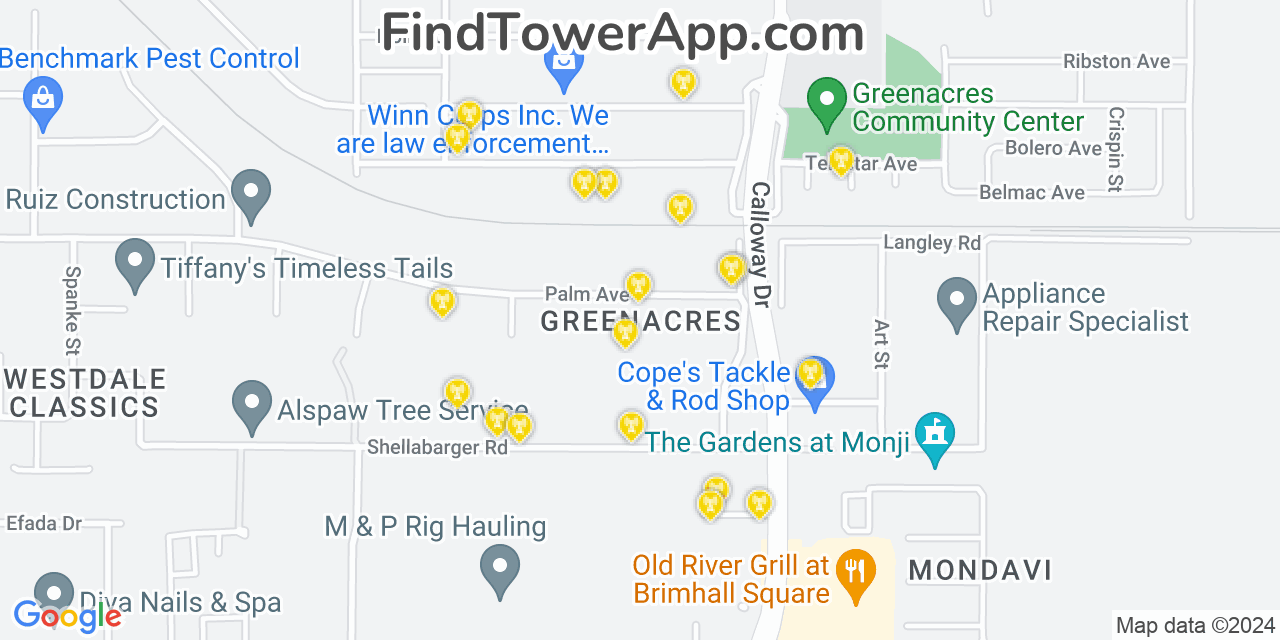 AT&T 4G/5G cell tower coverage map Greenacres, California