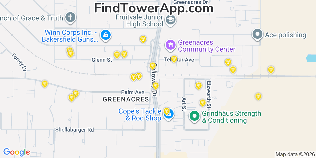 Map showing the 20 primary cell tower locations detected in Greenacres, California from AT&T, Verizon, and T-Mobile networks