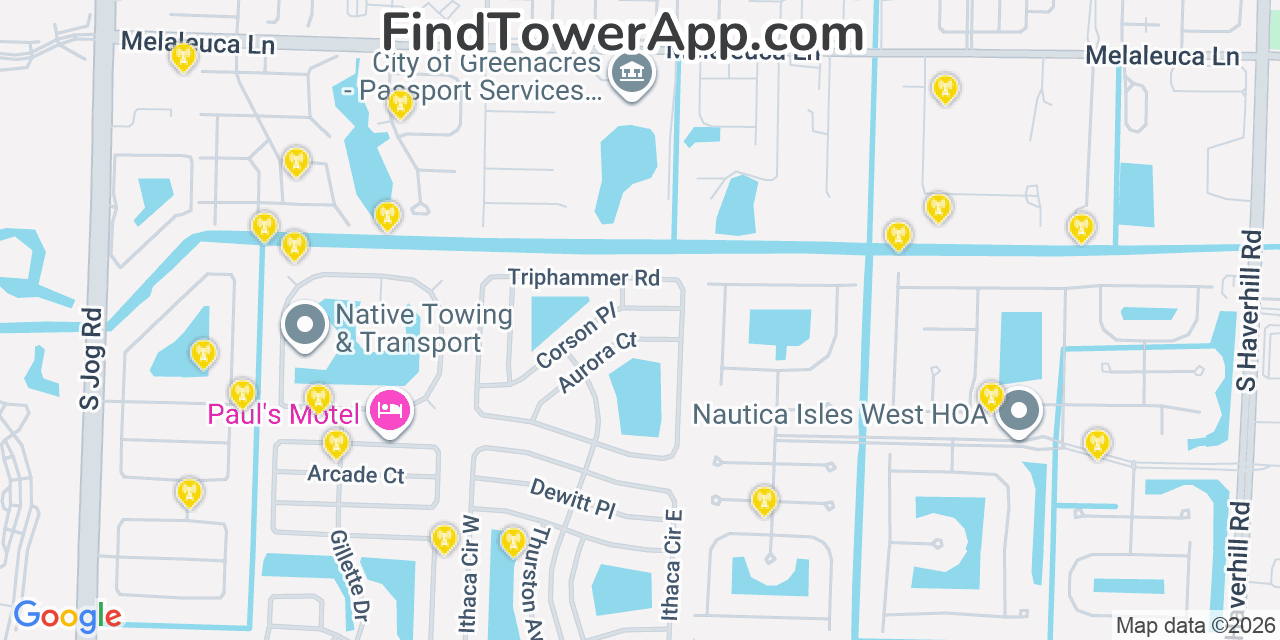 Map showing the 20 primary cell tower locations detected in Greenacres City, Florida from AT&T, Verizon, and T-Mobile networks