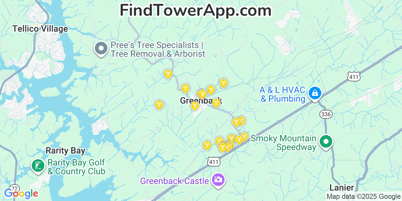Map showing the 20 primary cell tower locations detected in Greenback, Tennessee from AT&T, Verizon, and T-Mobile networks
