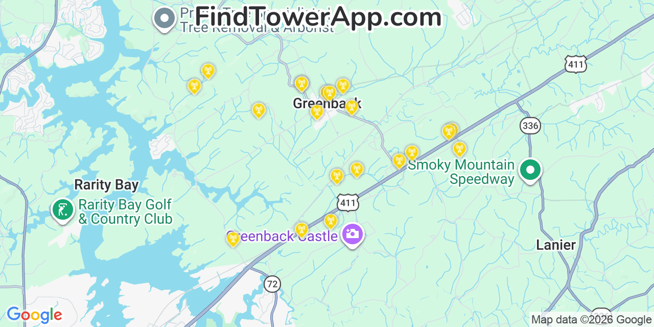 Map showing the 20 primary cell tower locations detected in Greenback, Tennessee from AT&T, Verizon, and T-Mobile networks