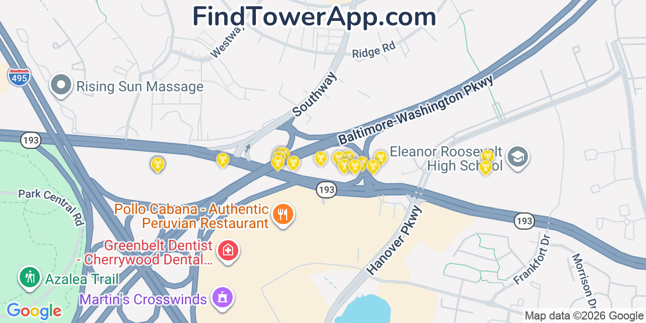 Map showing the 20 primary cell tower locations detected in Greenbelt, Maryland from AT&T, Verizon, and T-Mobile networks
