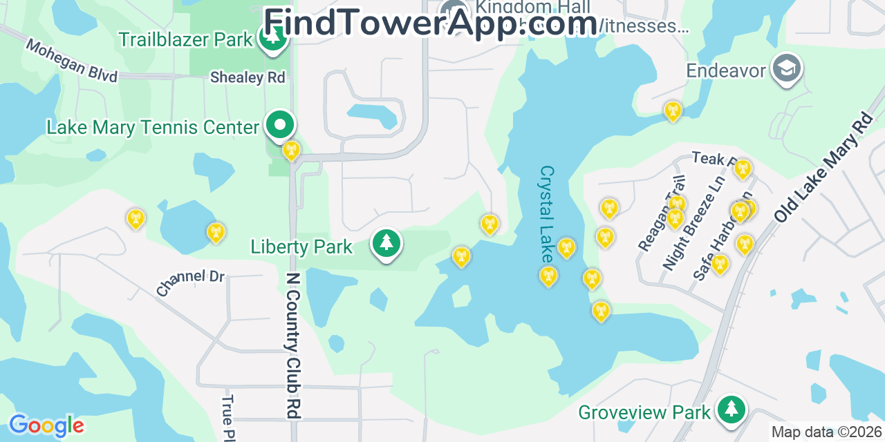 Map showing the 20 primary cell tower locations detected in Greenbriar, Florida from AT&T, Verizon, and T-Mobile networks