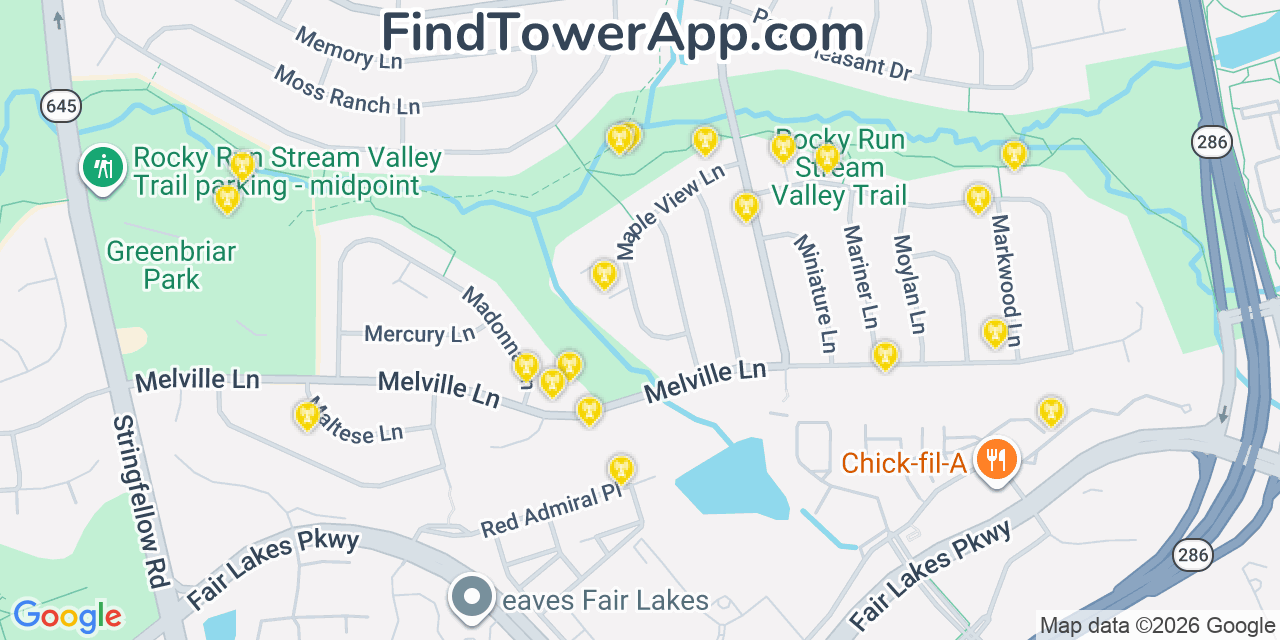 Map showing the 20 primary cell tower locations detected in Greenbriar, Virginia from AT&T, Verizon, and T-Mobile networks