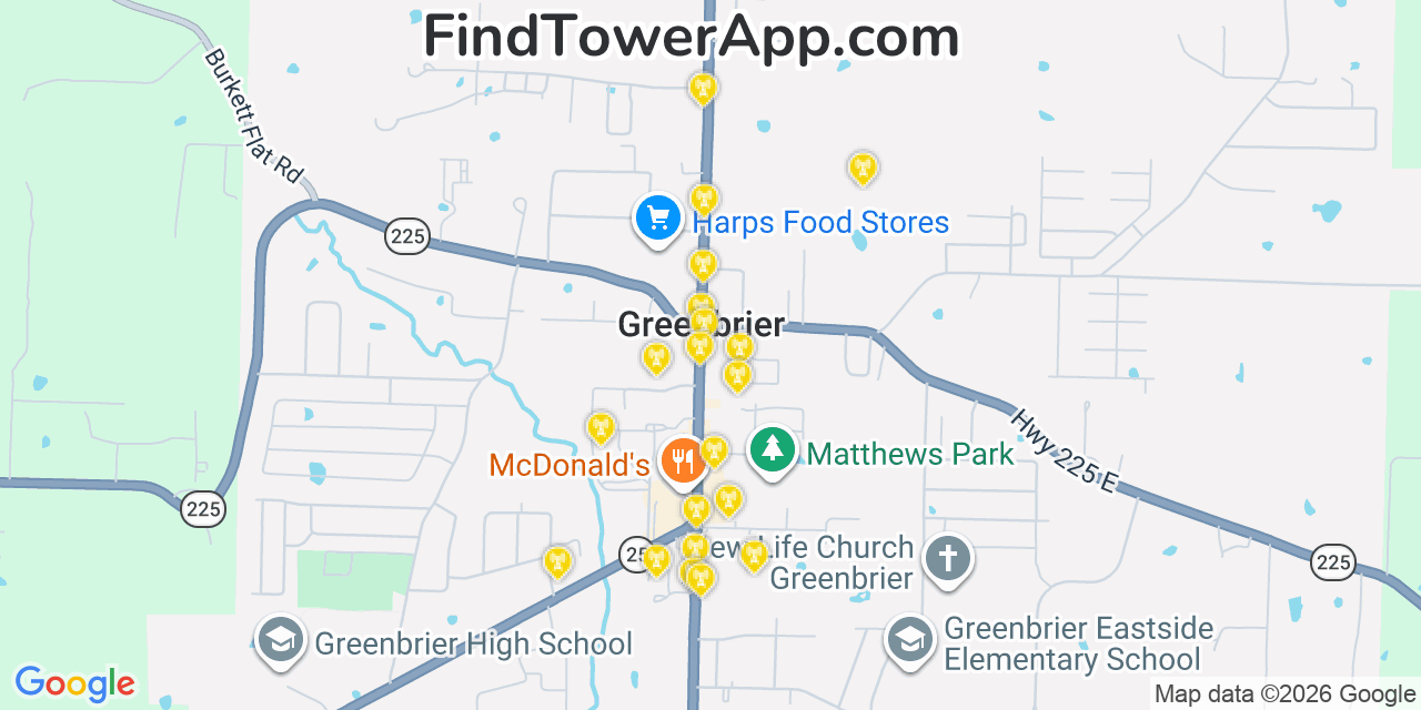 Map showing the 20 primary cell tower locations detected in Greenbrier, Arkansas from AT&T, Verizon, and T-Mobile networks