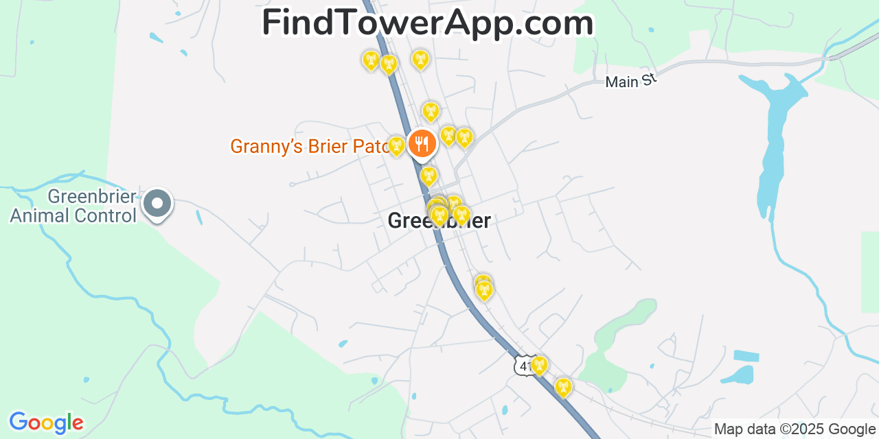 Map showing the 20 primary cell tower locations detected in Greenbrier, Tennessee from AT&T, Verizon, and T-Mobile networks