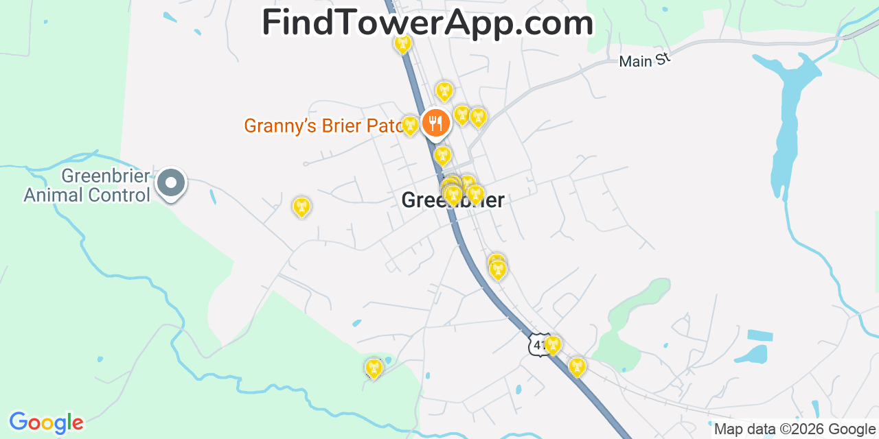 Map showing the 20 primary cell tower locations detected in Greenbrier, Tennessee from AT&T, Verizon, and T-Mobile networks