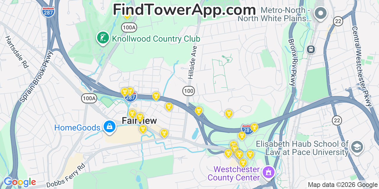 Map showing the 20 primary cell tower locations detected in Greenburgh, New York from AT&T, Verizon, and T-Mobile networks
