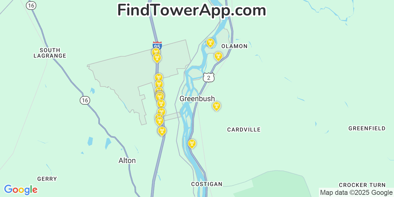 Map showing the 20 primary cell tower locations detected in Greenbush, Maine from AT&T, Verizon, and T-Mobile networks