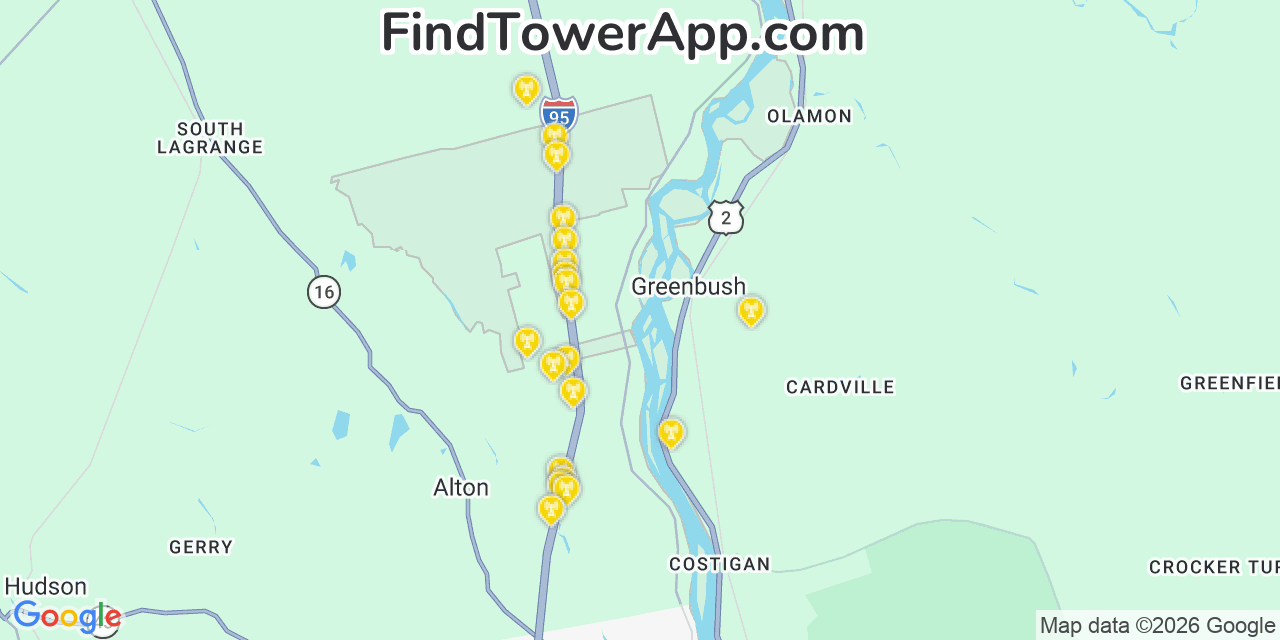 Map showing the 20 primary cell tower locations detected in Greenbush, Maine from AT&T, Verizon, and T-Mobile networks