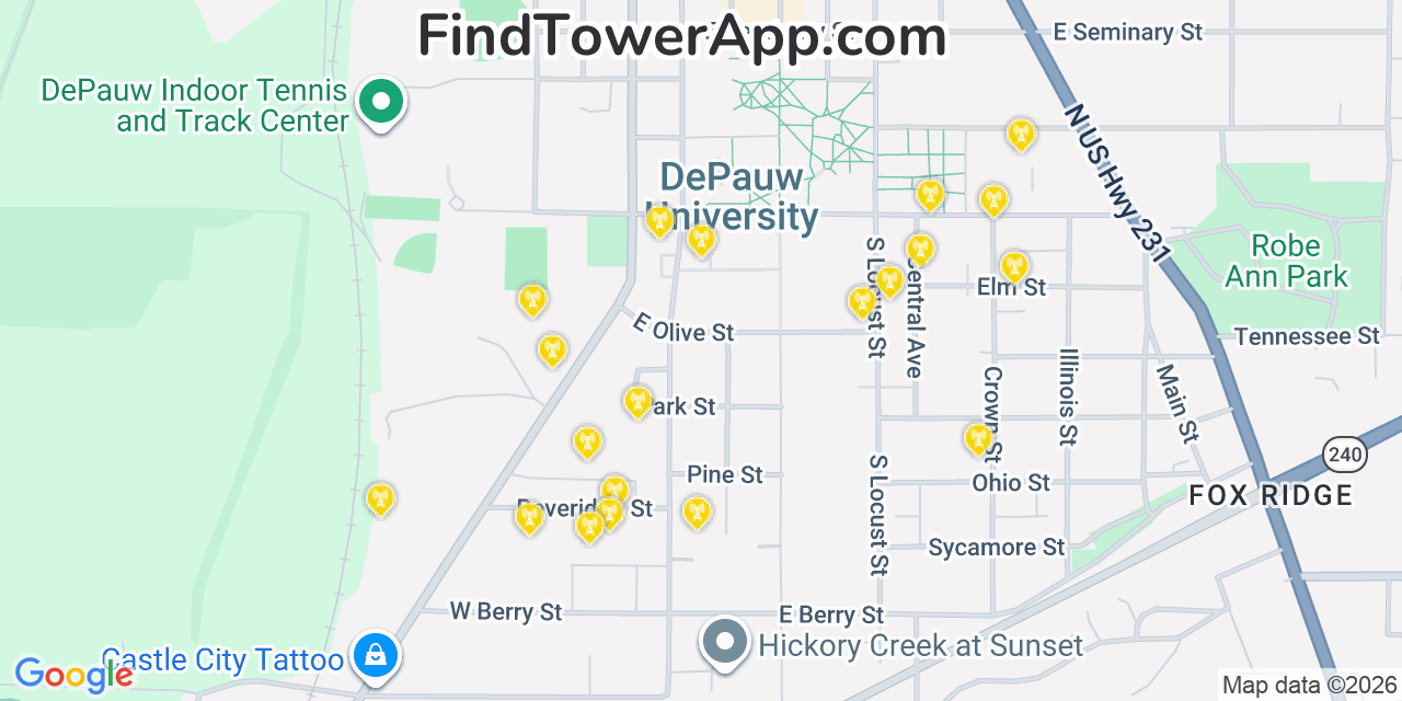 Map showing the 20 primary cell tower locations detected in Greencastle, Indiana from AT&T, Verizon, and T-Mobile networks