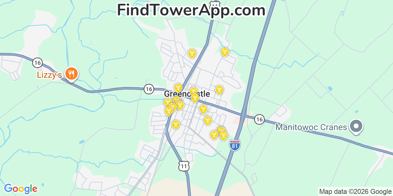 Map showing the 20 primary cell tower locations detected in Greencastle, Pennsylvania from AT&T, Verizon, and T-Mobile networks