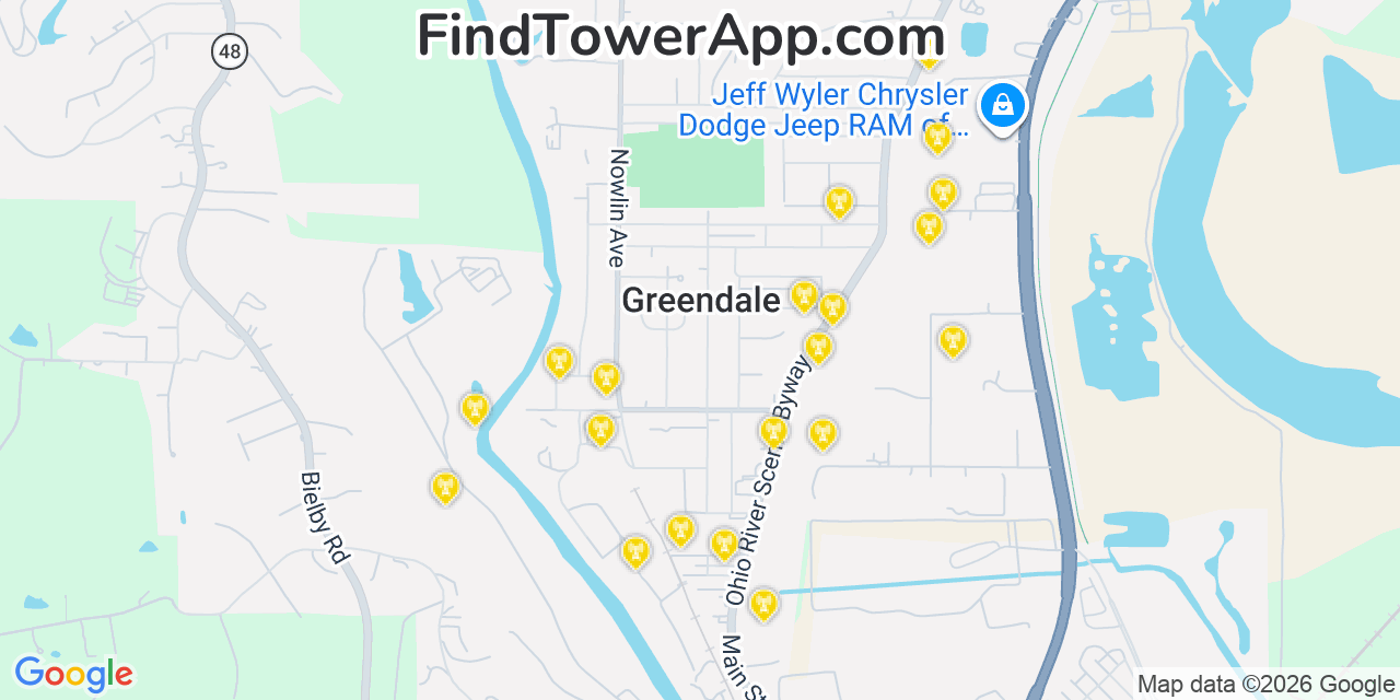 Map showing the 20 primary cell tower locations detected in Greendale, Indiana from AT&T, Verizon, and T-Mobile networks